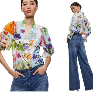 $395 Alice + Olivia Ilan Floral Smocked Sleeve Button Front Blouse Silk NWT M
